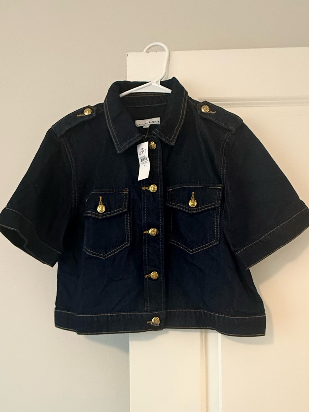 LOFT Black Short-Sleeve Jean Jacket with Gold Buttons - Picture 7 of 14